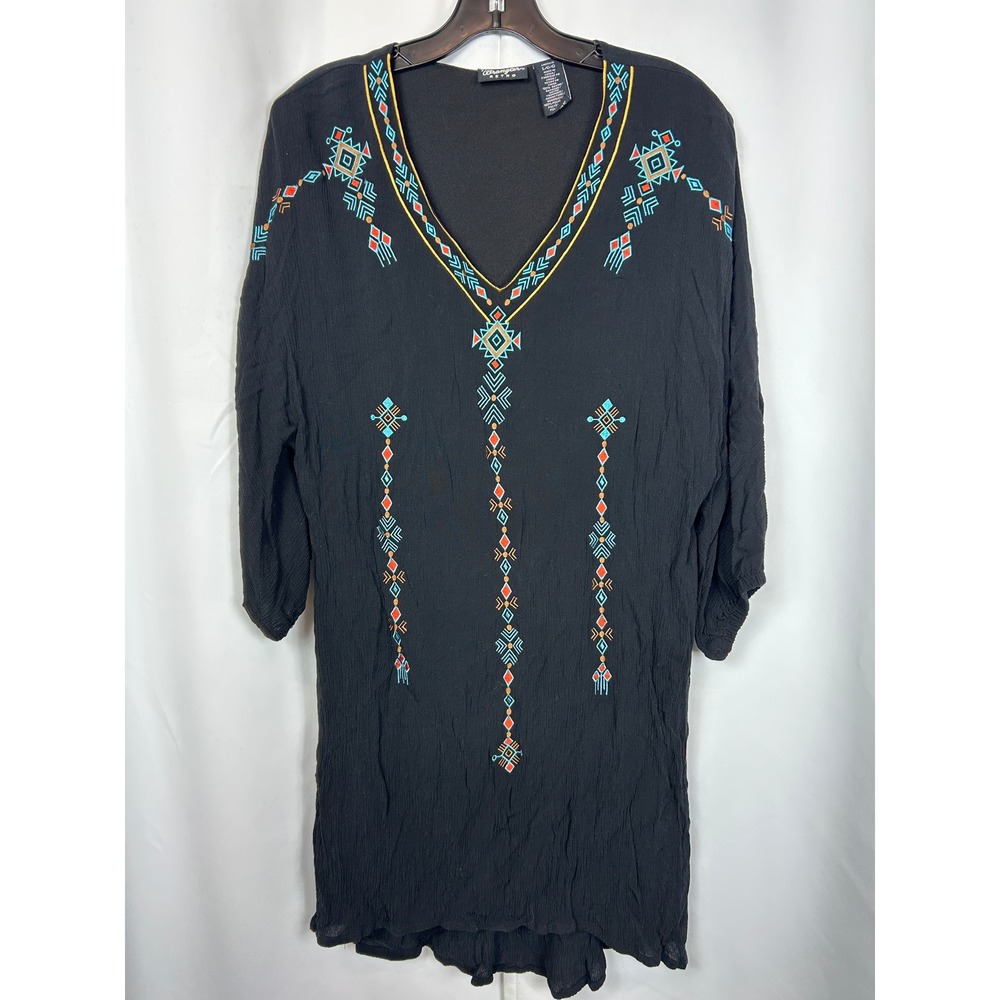 Wrangler Retro Black Southwestern Embroidered Boho Crinkle Gauze Dress Large